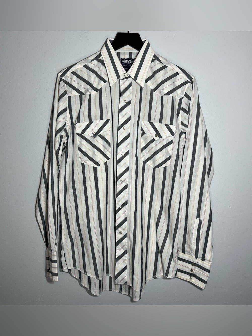 VTG Wrangler Western Button Down Shirt X-Long Tail 16x35 Pearl Snap Brushpopper